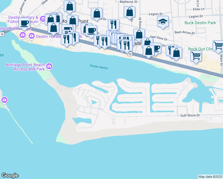 map of restaurants, bars, coffee shops, grocery stores, and more near 184 Durango Road in Destin