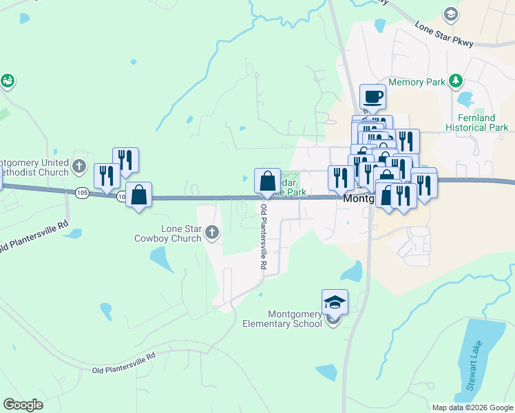 map of restaurants, bars, coffee shops, grocery stores, and more near 101 Old Plantersville Road in Montgomery