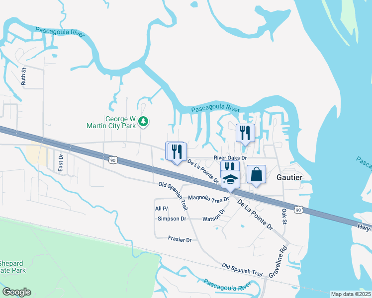 map of restaurants, bars, coffee shops, grocery stores, and more near 3298 Irondale Street in Gautier
