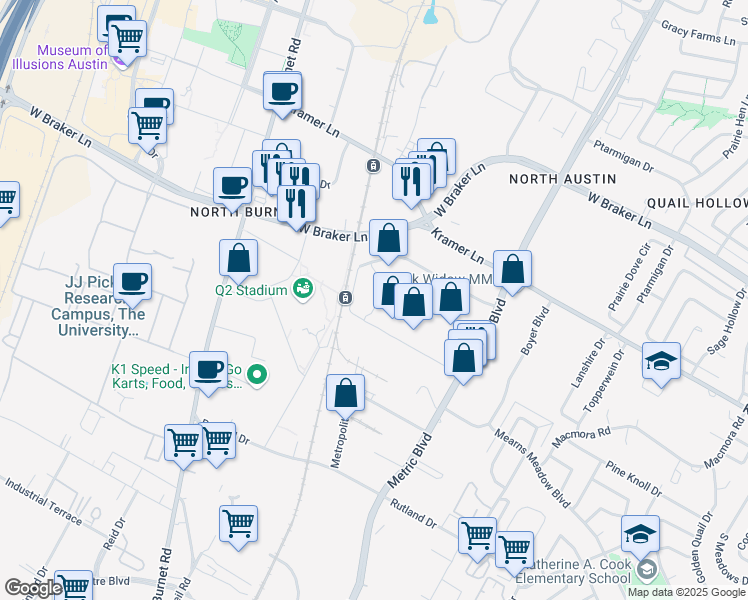 map of restaurants, bars, coffee shops, grocery stores, and more near 10605 Delta Dr in Austin