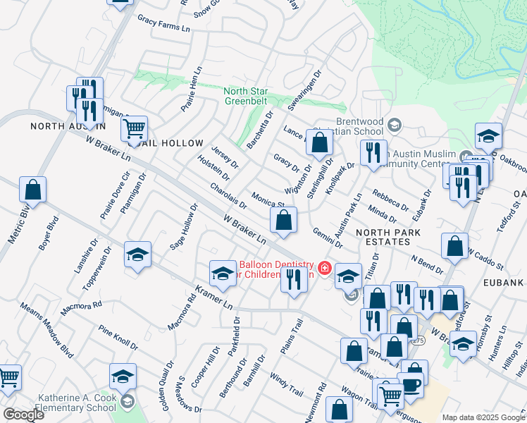 map of restaurants, bars, coffee shops, grocery stores, and more near 1409 Monica Street in Austin