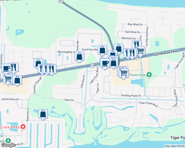 map of restaurants, bars, coffee shops, grocery stores, and more near 1464 Bombay Cove in Gulf Breeze