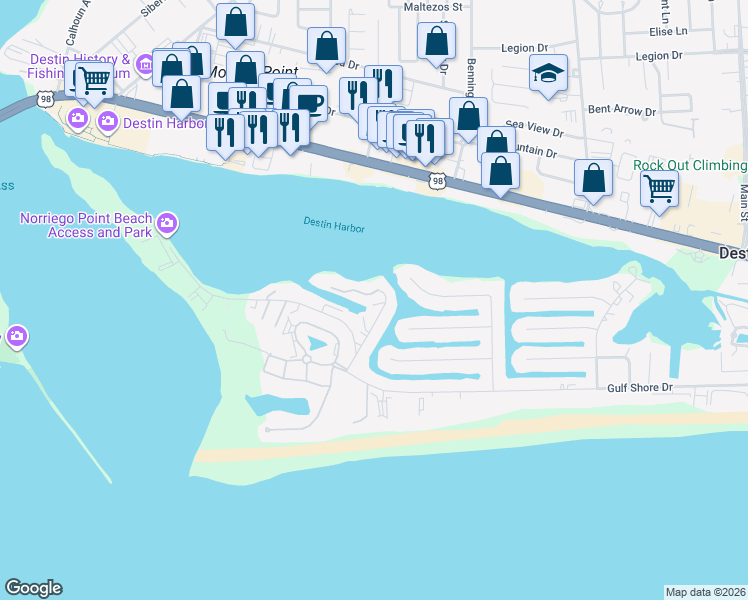map of restaurants, bars, coffee shops, grocery stores, and more near 189 Durango Road in Destin