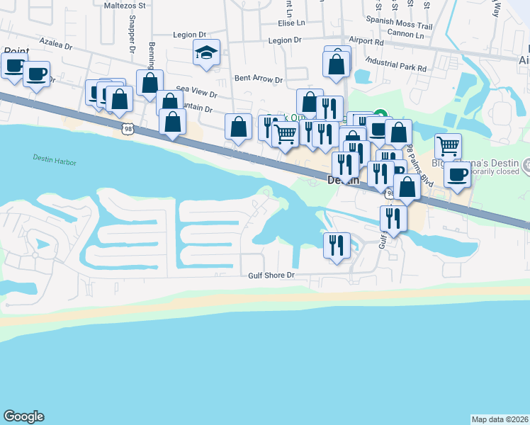 map of restaurants, bars, coffee shops, grocery stores, and more near 30 Moreno Point Road in Destin