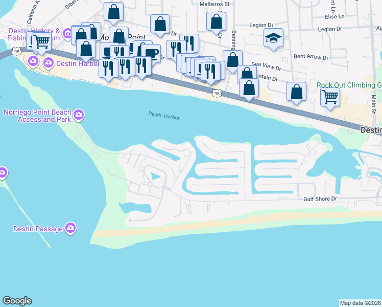 map of restaurants, bars, coffee shops, grocery stores, and more near 189 Durango Road in Destin