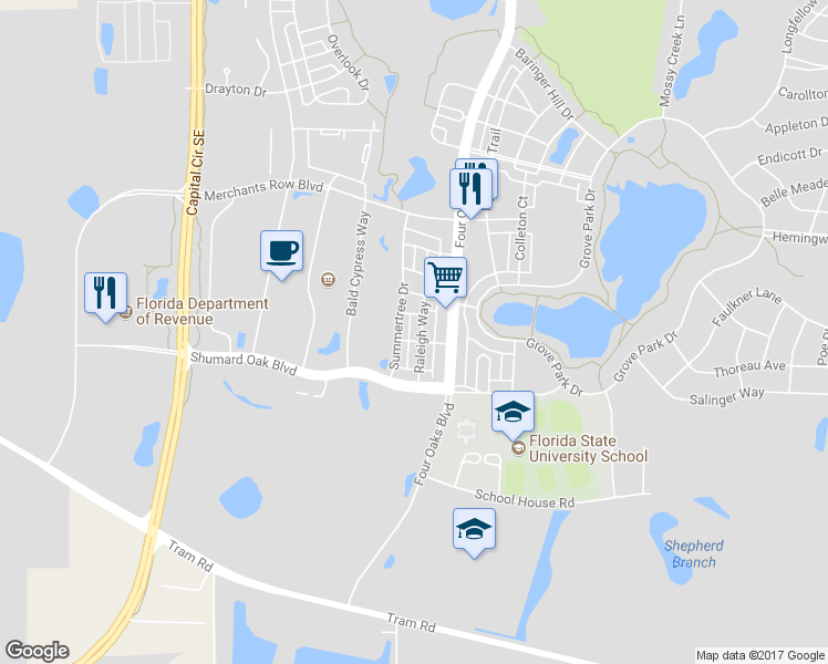 map of restaurants, bars, coffee shops, grocery stores, and more near 4240 Raleigh Way in Tallahassee