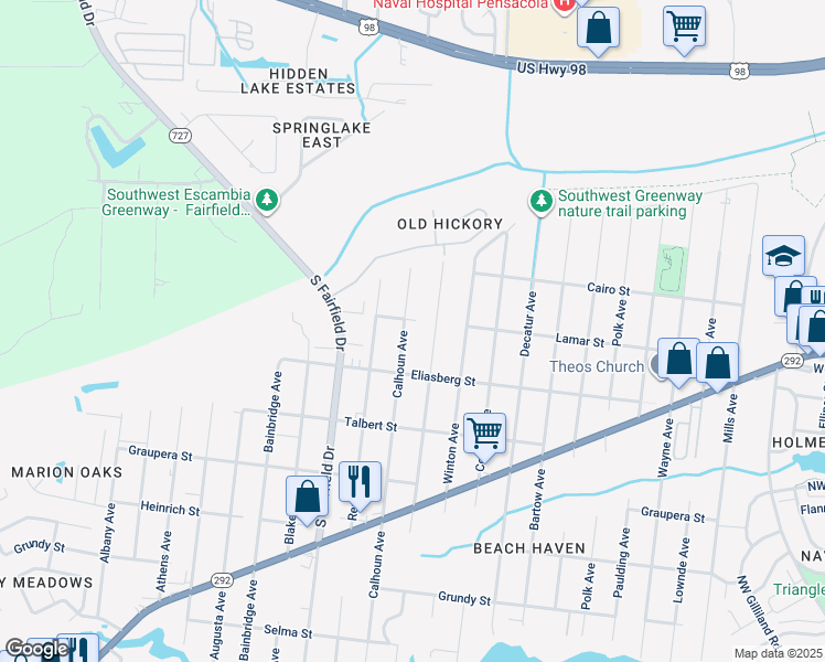 map of restaurants, bars, coffee shops, grocery stores, and more near 1001 Bremen Avenue in Pensacola