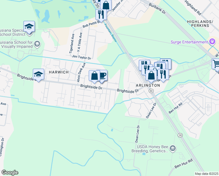 map of restaurants, bars, coffee shops, grocery stores, and more near 1710 Brightside Drive in Baton Rouge