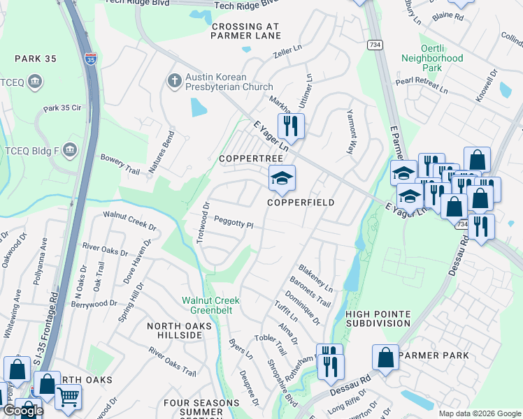 map of restaurants, bars, coffee shops, grocery stores, and more near 12104 Lavinia Lane in Austin