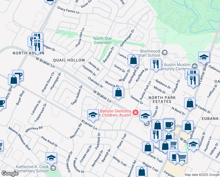 map of restaurants, bars, coffee shops, grocery stores, and more near 1409 Monica Street in Austin