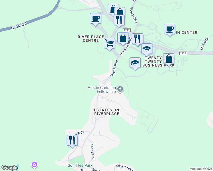 map of restaurants, bars, coffee shops, grocery stores, and more near 6212 River Place Boulevard in Austin