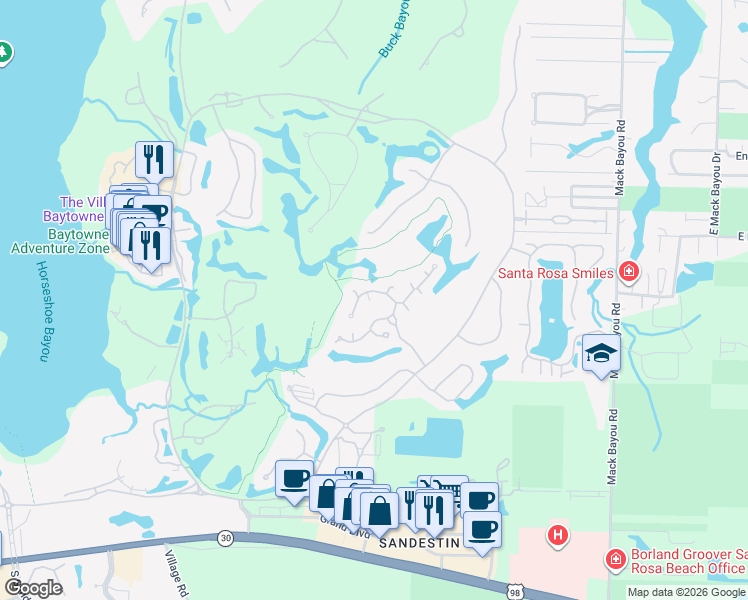 map of restaurants, bars, coffee shops, grocery stores, and more near 1383 Ravens Run West in Miramar Beach