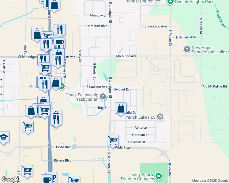 map of restaurants, bars, coffee shops, grocery stores, and more near 629 Beignet Drive in Foley