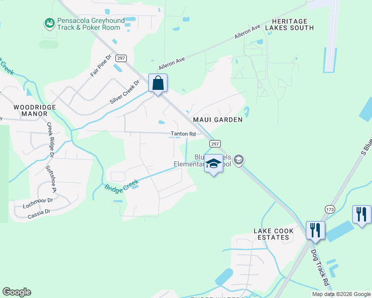 map of restaurants, bars, coffee shops, grocery stores, and more near 10307 Tanton Road in Pensacola