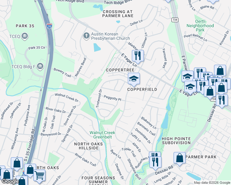 map of restaurants, bars, coffee shops, grocery stores, and more near 12104 Lavinia Lane in Austin