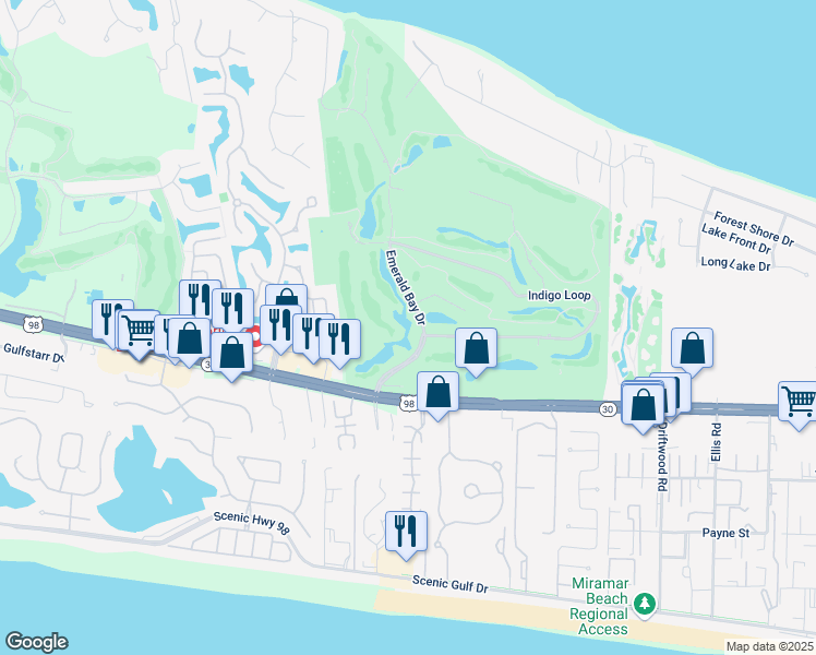 map of restaurants, bars, coffee shops, grocery stores, and more near 17 Azure Place in Destin