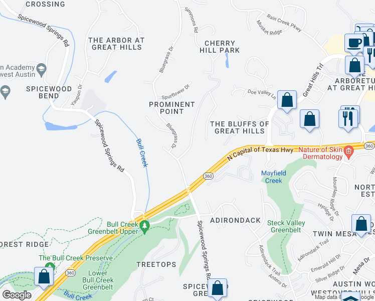 map of restaurants, bars, coffee shops, grocery stores, and more near 8707 Bluffstone Cove in Austin