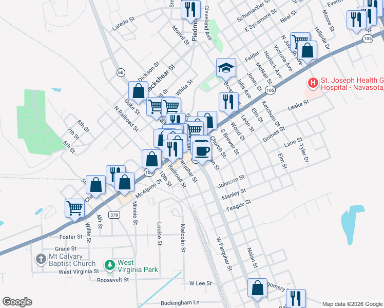map of restaurants, bars, coffee shops, grocery stores, and more near in Navasota