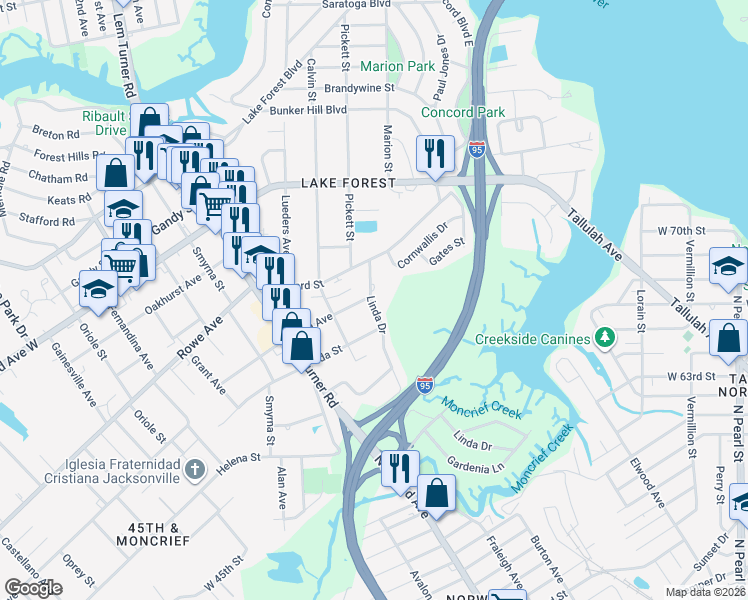 map of restaurants, bars, coffee shops, grocery stores, and more near 7407 Linda Drive in Jacksonville