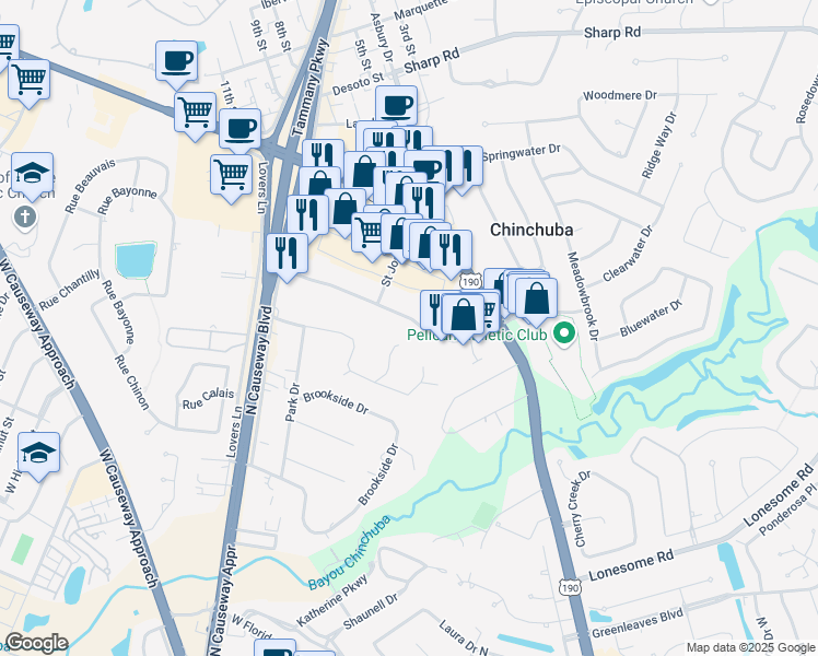map of restaurants, bars, coffee shops, grocery stores, and more near 101 Saint Ann Drive in Mandeville