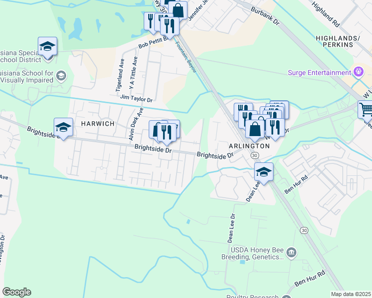 map of restaurants, bars, coffee shops, grocery stores, and more near 1710 Brightside Drive in Baton Rouge