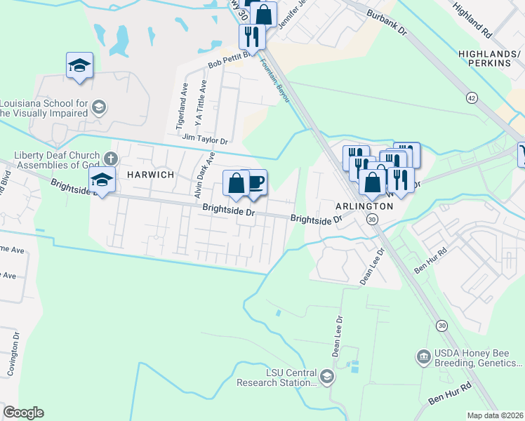 map of restaurants, bars, coffee shops, grocery stores, and more near 1710 Brightside Drive in Baton Rouge