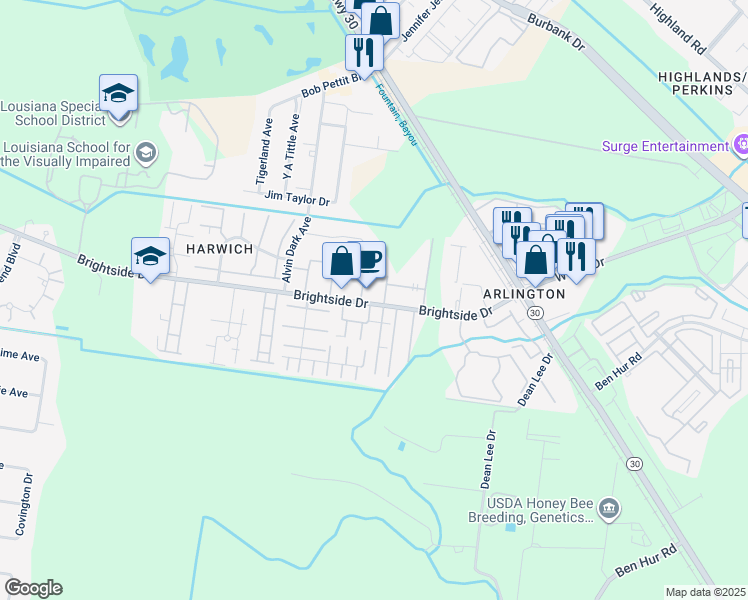 map of restaurants, bars, coffee shops, grocery stores, and more near 1710 Brightside Drive in Baton Rouge