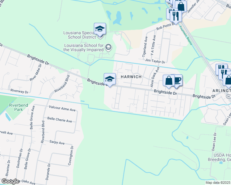 map of restaurants, bars, coffee shops, grocery stores, and more near 2405 Brightside Drive in Baton Rouge