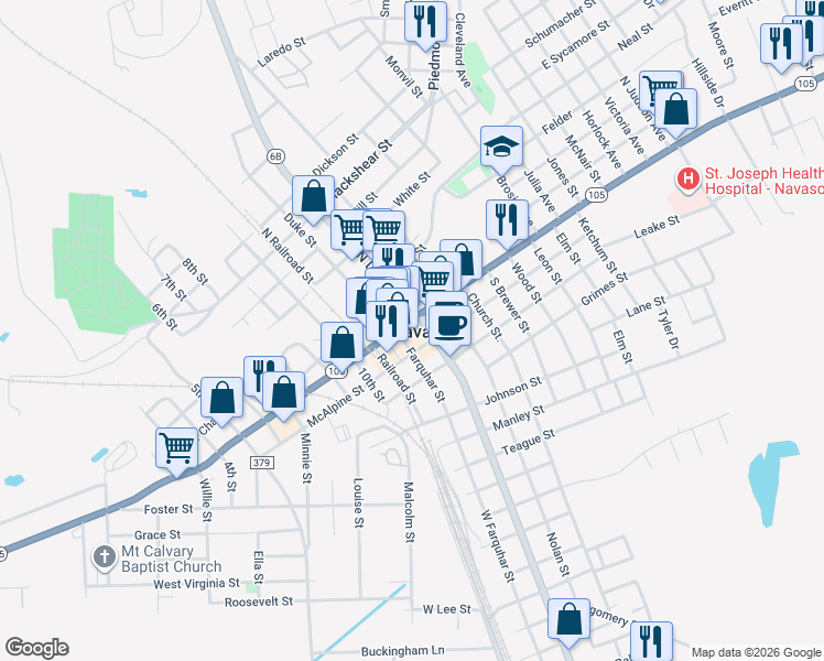 map of restaurants, bars, coffee shops, grocery stores, and more near 111 North Lasalle Street in Navasota