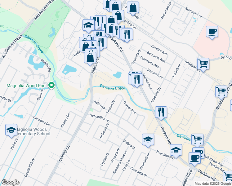 map of restaurants, bars, coffee shops, grocery stores, and more near 1857 Theron Drive in Baton Rouge