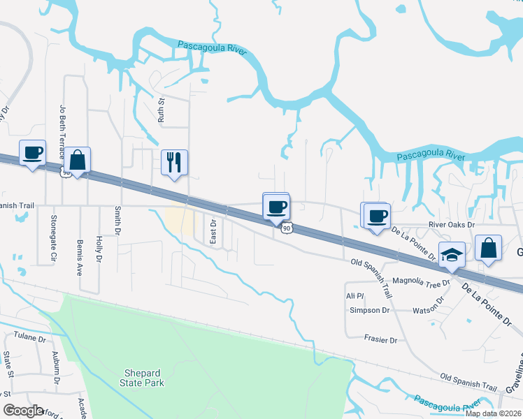 map of restaurants, bars, coffee shops, grocery stores, and more near 1204 De La Pointe Drive in Gautier