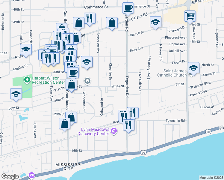 map of restaurants, bars, coffee shops, grocery stores, and more near 218 Perry Street in Gulfport