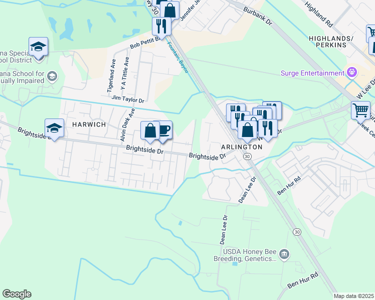 map of restaurants, bars, coffee shops, grocery stores, and more near 1670 Brightside Drive in Baton Rouge