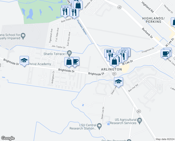map of restaurants, bars, coffee shops, grocery stores, and more near 1670 Brightside Drive in Baton Rouge