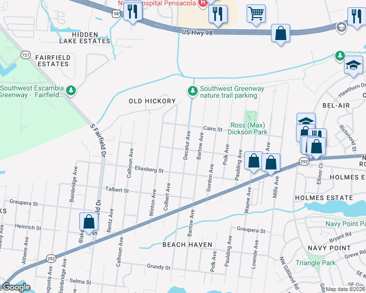 map of restaurants, bars, coffee shops, grocery stores, and more near 1006 Decatur Avenue in Pensacola