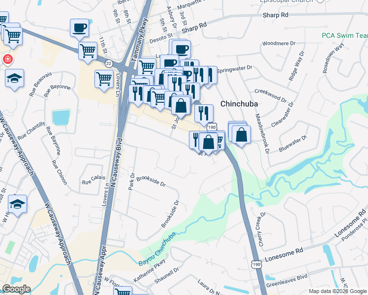 map of restaurants, bars, coffee shops, grocery stores, and more near 100 Saint Ann Drive in Mandeville