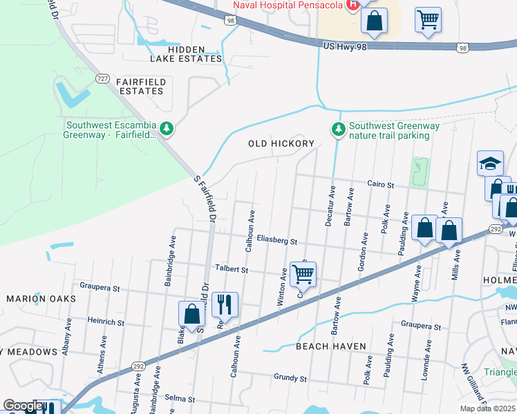 map of restaurants, bars, coffee shops, grocery stores, and more near 912 Calhoun Avenue in Pensacola