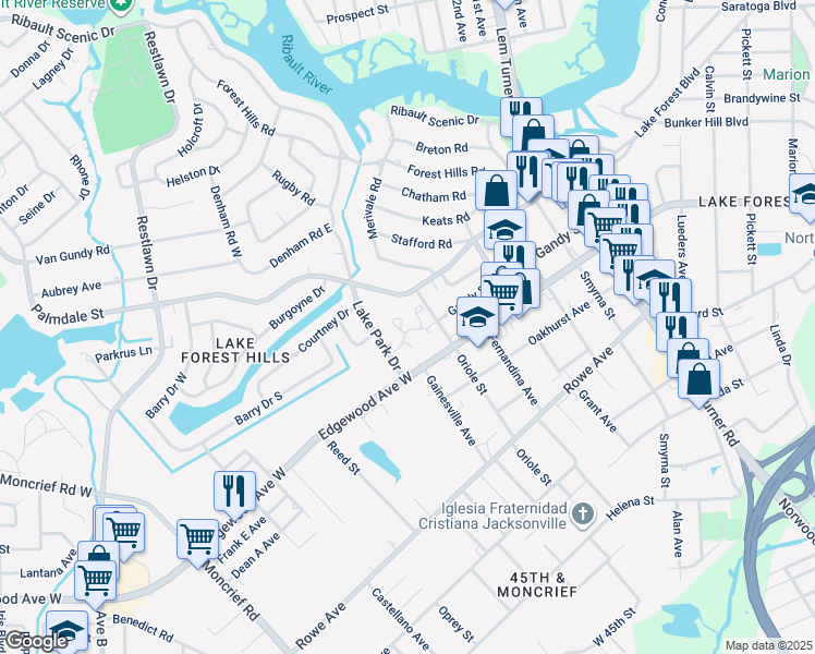 map of restaurants, bars, coffee shops, grocery stores, and more near 7920 Oriole Street in Jacksonville