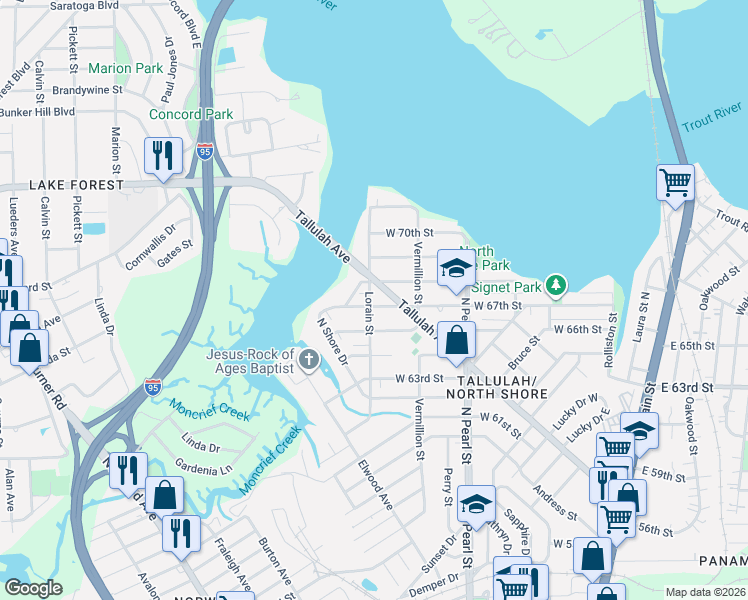 map of restaurants, bars, coffee shops, grocery stores, and more near 7737 North Shore Drive in Jacksonville