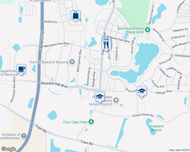 map of restaurants, bars, coffee shops, grocery stores, and more near 4240 Raleigh Way in Tallahassee