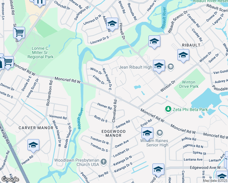 map of restaurants, bars, coffee shops, grocery stores, and more near 4299 Moncrief Road West in Jacksonville