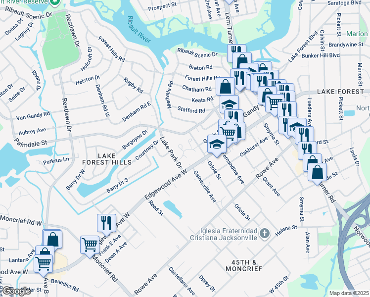 map of restaurants, bars, coffee shops, grocery stores, and more near 500 Oriole Street in Jacksonville
