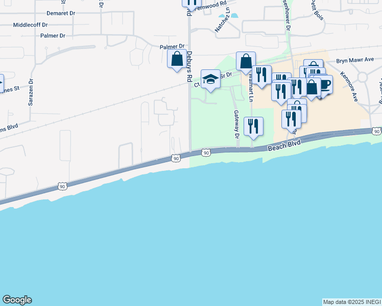 map of restaurants, bars, coffee shops, grocery stores, and more near 2790 U.S. 90 in Biloxi
