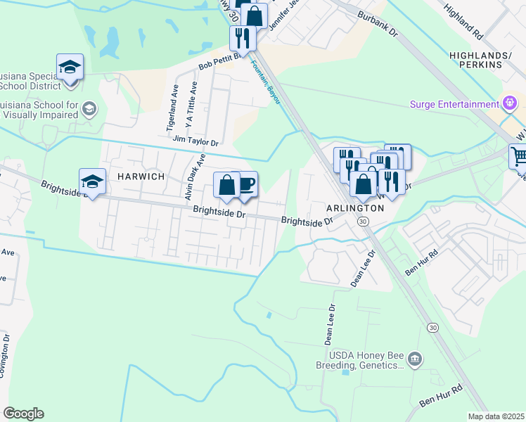 map of restaurants, bars, coffee shops, grocery stores, and more near 1710 Brightside Drive in Baton Rouge