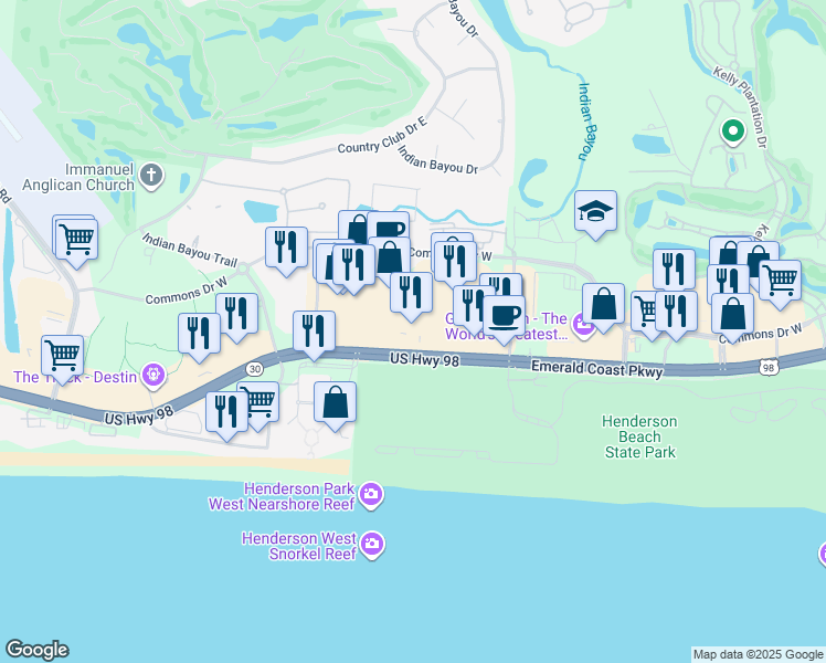 map of restaurants, bars, coffee shops, grocery stores, and more near 15015 Emerald Coast Pkwy in Destin