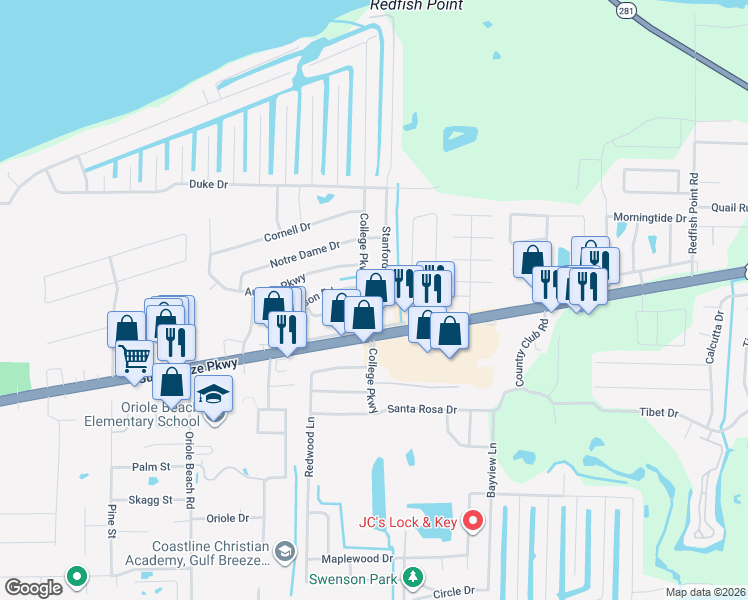 map of restaurants, bars, coffee shops, grocery stores, and more near 1409 Stanford Road in Gulf Breeze