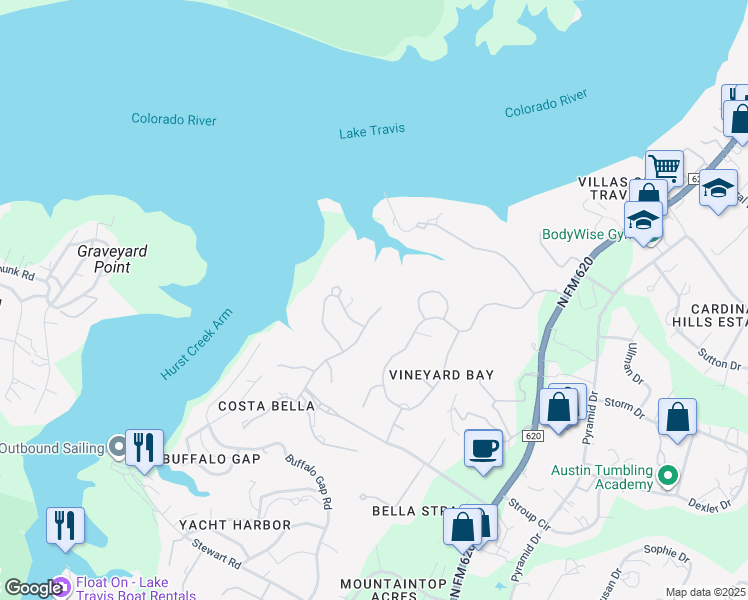 map of restaurants, bars, coffee shops, grocery stores, and more near 211 Costa Bella Drive in Austin