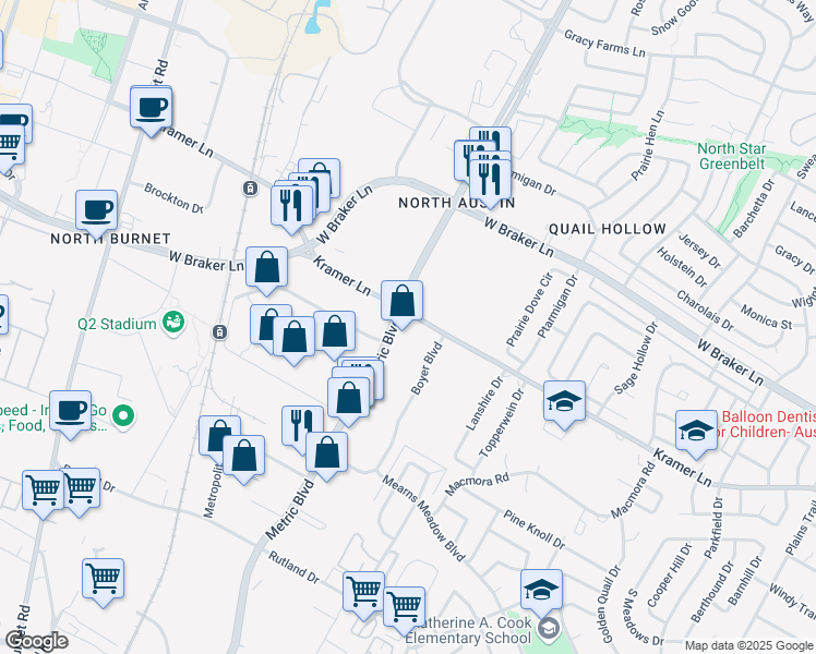 map of restaurants, bars, coffee shops, grocery stores, and more near 2001 Kramer Lane in Austin