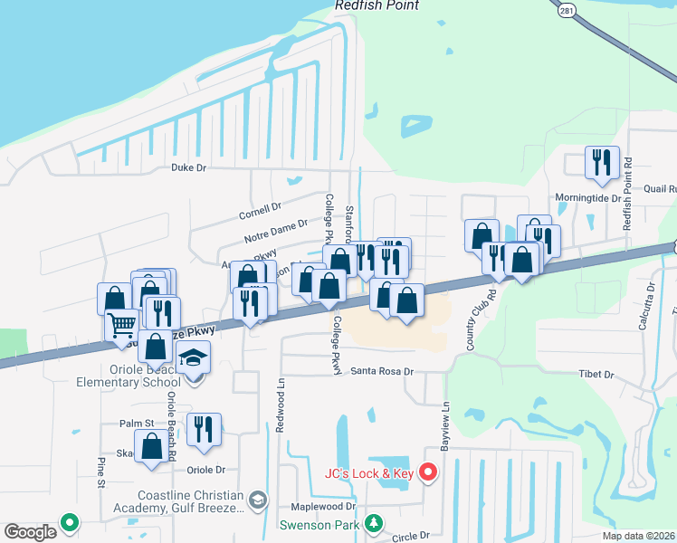 map of restaurants, bars, coffee shops, grocery stores, and more near 1409 Stanford Road in Gulf Breeze