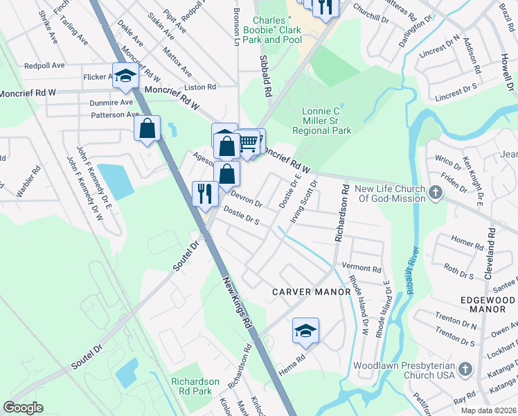 map of restaurants, bars, coffee shops, grocery stores, and more near 5304 Devron Drive in Jacksonville
